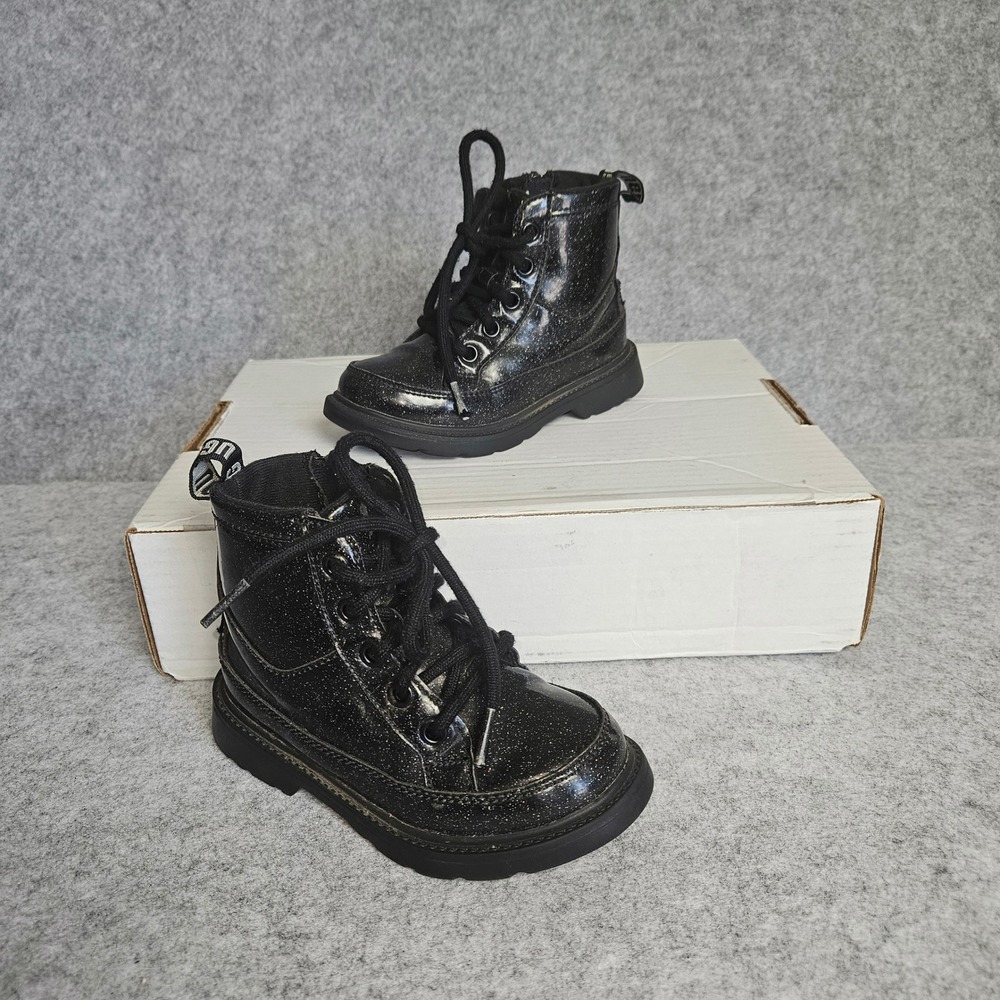 UGG Kids Jorie II Glitter Black Patent Lace Up Side Zip Boots Size 10